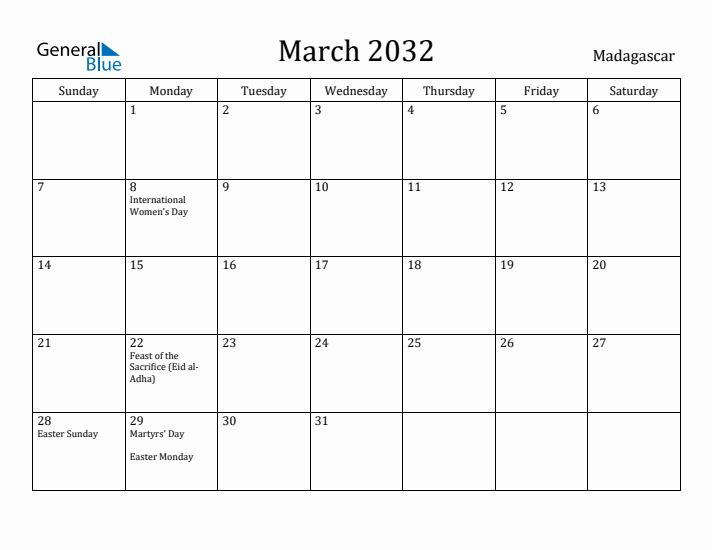 March 2032 Calendar Madagascar