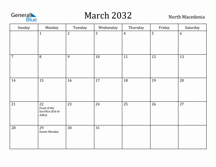 March 2032 Calendar North Macedonia