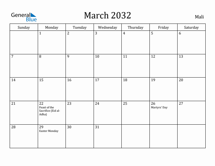 March 2032 Calendar Mali