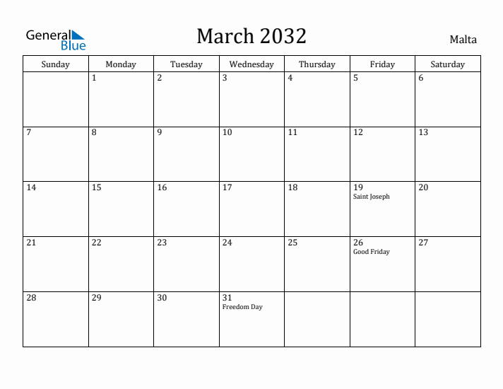 March 2032 Calendar Malta