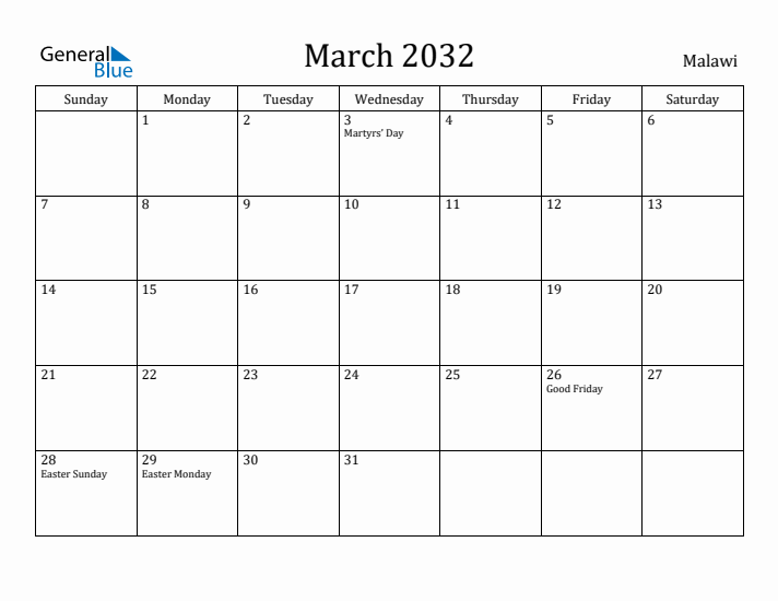March 2032 Calendar Malawi