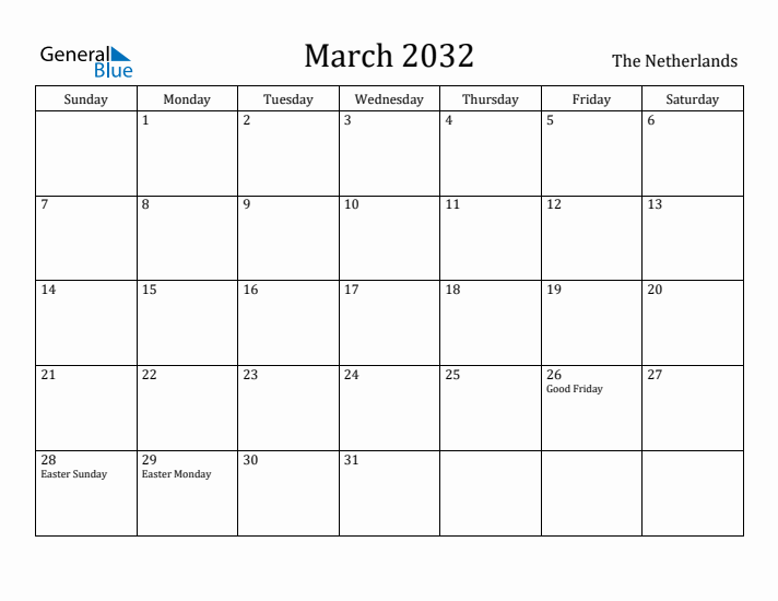 March 2032 Calendar The Netherlands