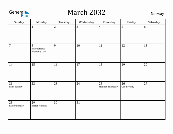 March 2032 Calendar Norway