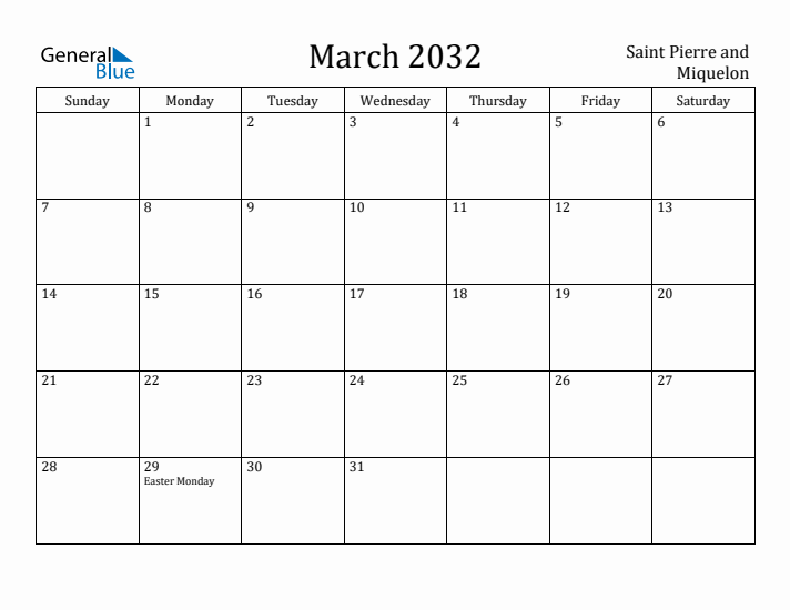 March 2032 Calendar Saint Pierre and Miquelon