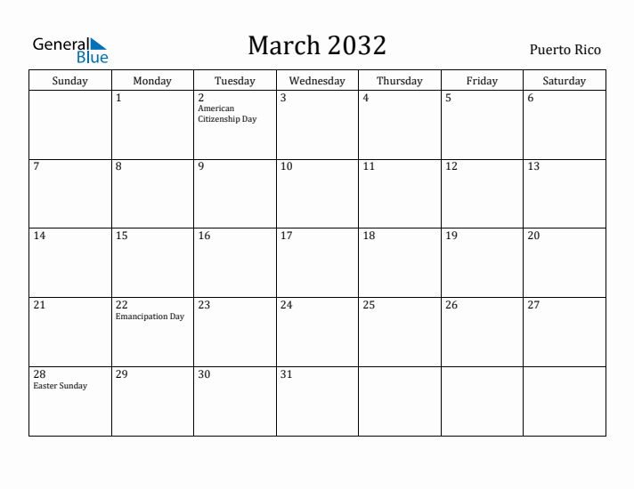 March 2032 Calendar Puerto Rico