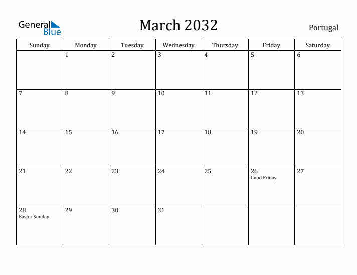 March 2032 Calendar Portugal