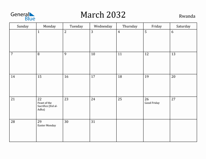 March 2032 Calendar Rwanda