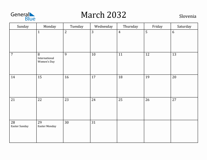 March 2032 Calendar Slovenia