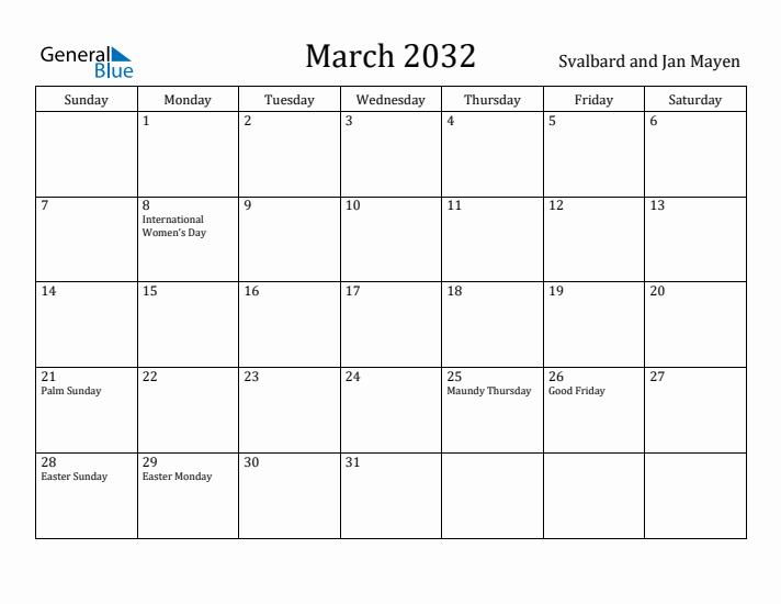 March 2032 Calendar Svalbard and Jan Mayen