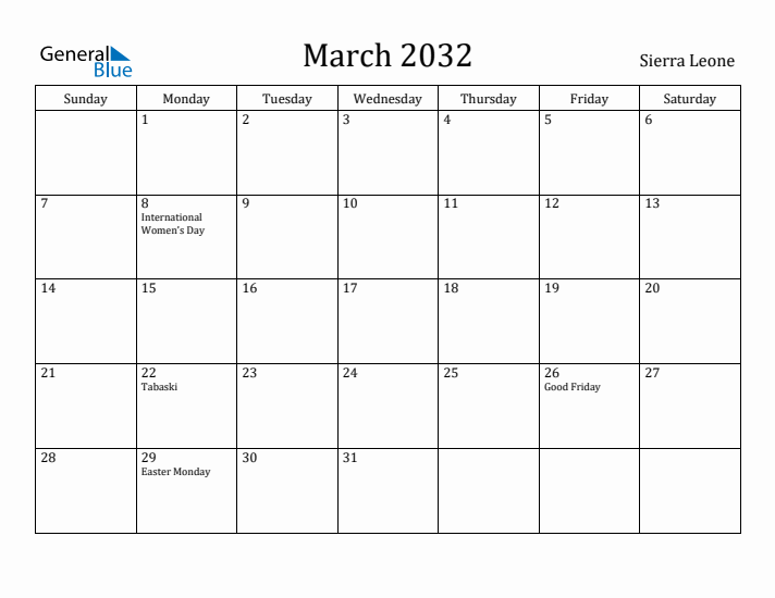 March 2032 Calendar Sierra Leone