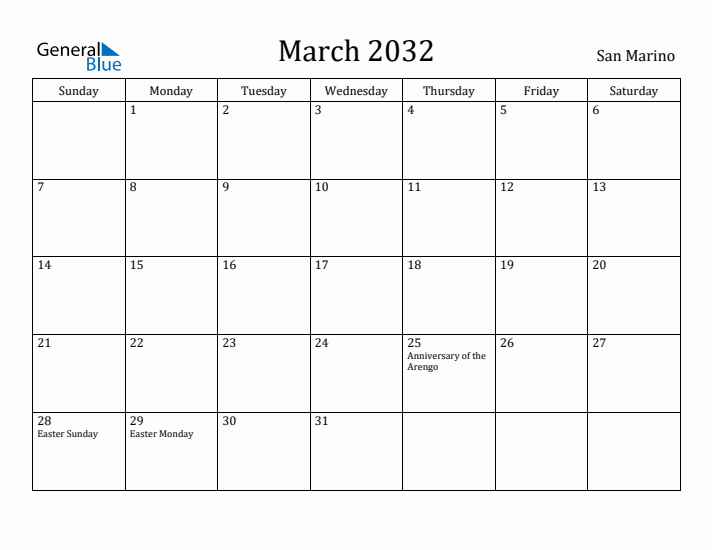 March 2032 Calendar San Marino