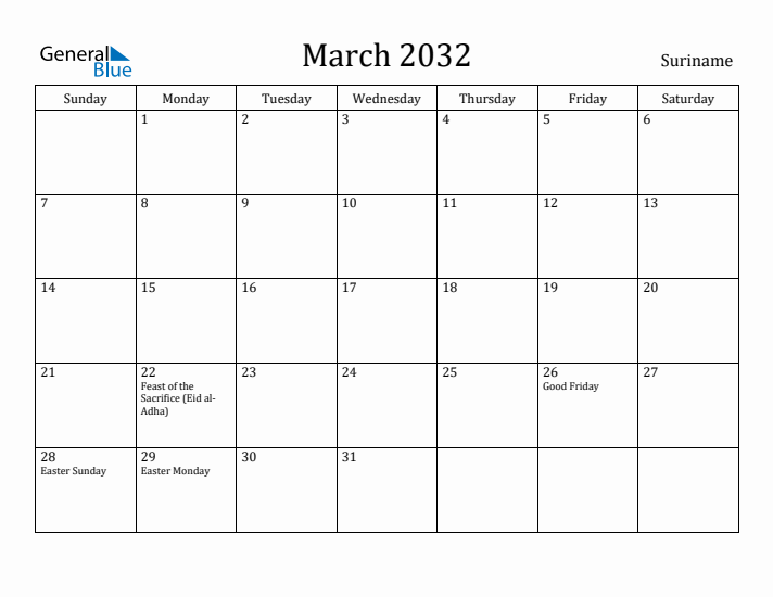 March 2032 Calendar Suriname