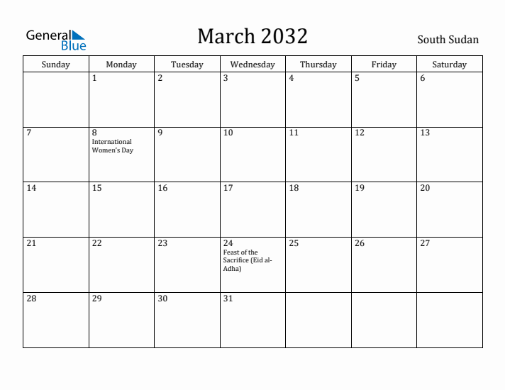March 2032 Calendar South Sudan