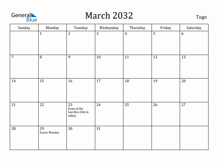 March 2032 Calendar Togo