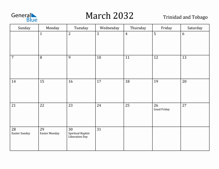 March 2032 Calendar Trinidad and Tobago