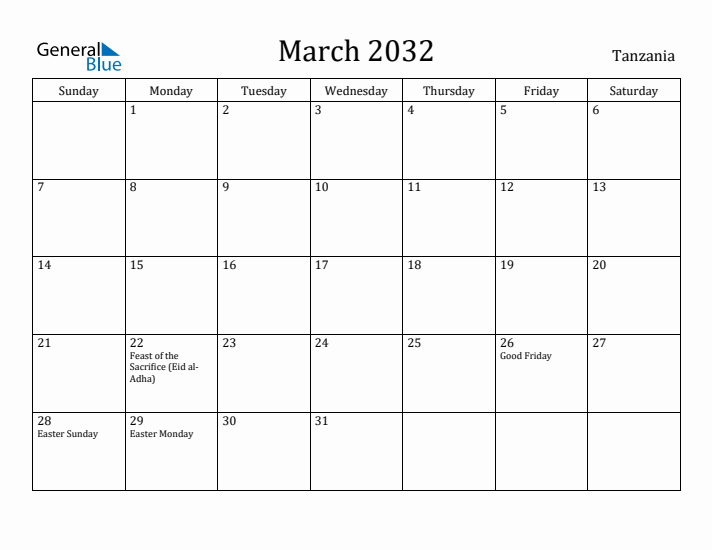 March 2032 Calendar Tanzania