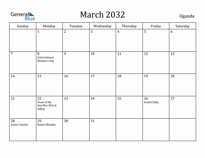 March 2032 Calendar Uganda