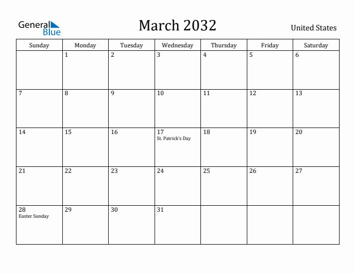 March 2032 Calendar United States