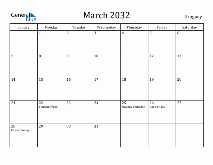 March 2032 Calendar Uruguay