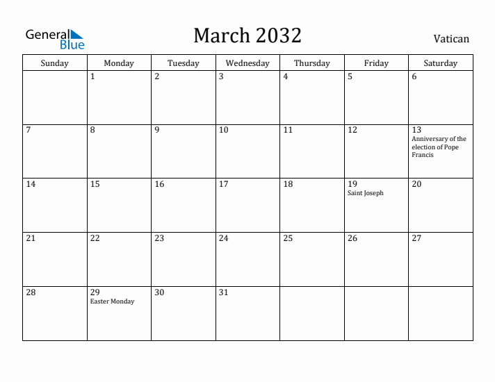 March 2032 Calendar Vatican