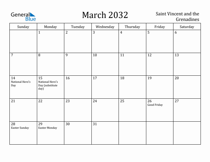 March 2032 Calendar Saint Vincent and the Grenadines