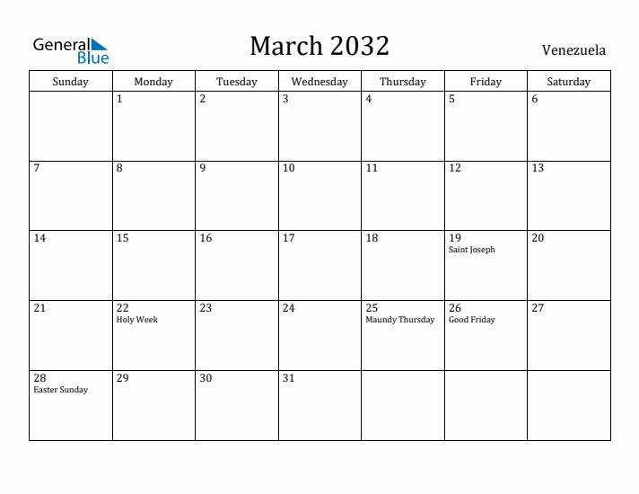 March 2032 Calendar Venezuela