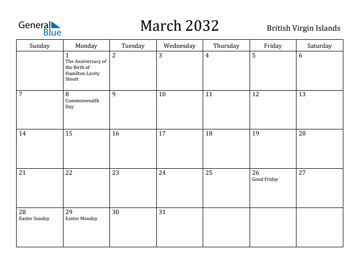 March 2032 Calendar British Virgin Islands