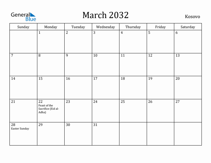 March 2032 Calendar Kosovo