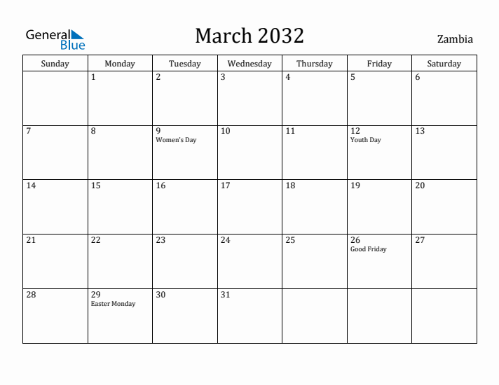 March 2032 Calendar Zambia