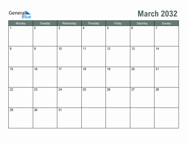 Free Printable March 2032 Calendar