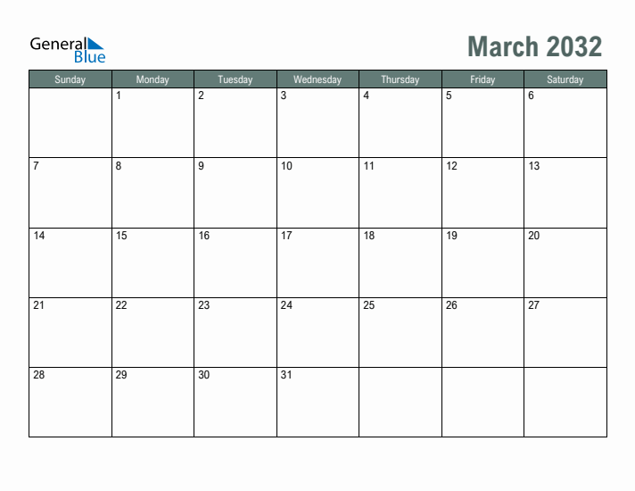 Free Printable March 2032 Calendar