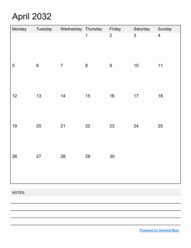 Basic Monthly Calendar Template for April 2032