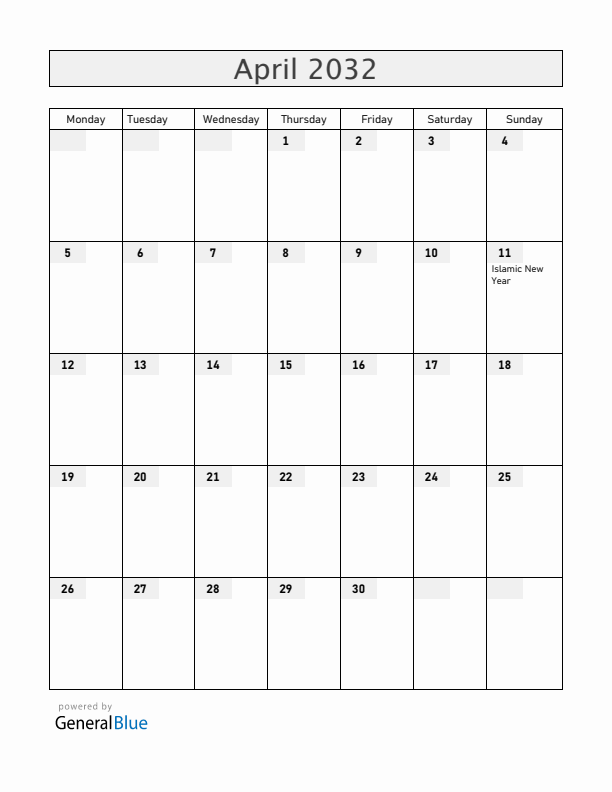 United Arab Emirates April 2032 Calendar with Holidays