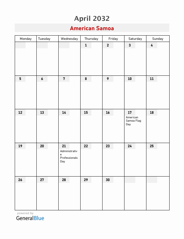 American Samoa April 2032 Calendar with Holidays