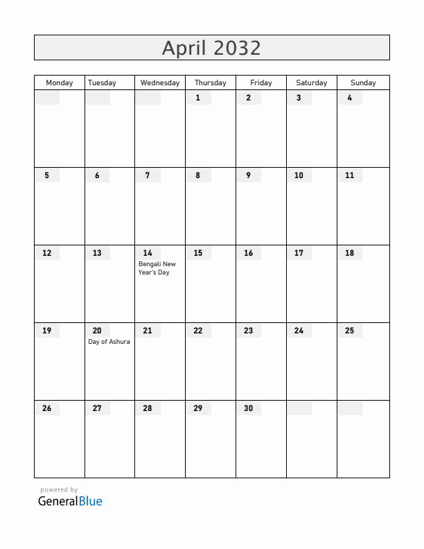 Bangladesh April 2032 Calendar with Holidays