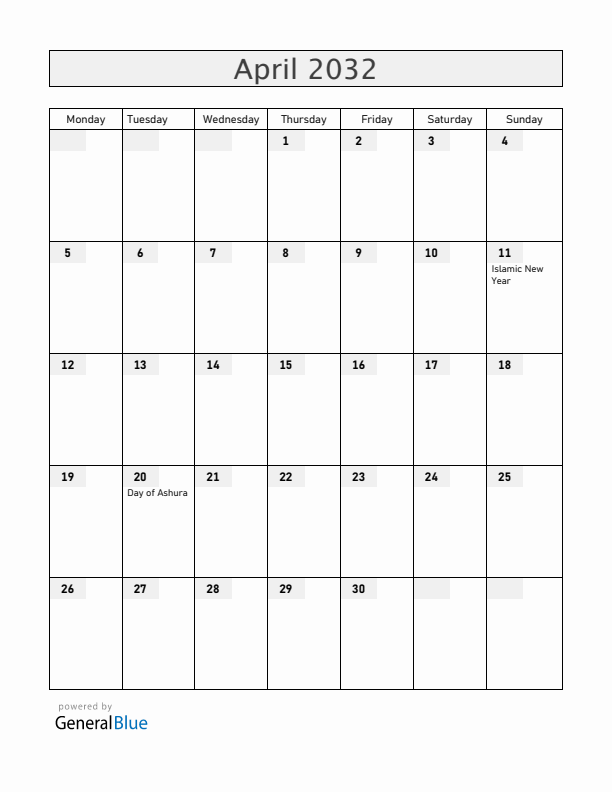 Bahrain April 2032 Calendar with Holidays