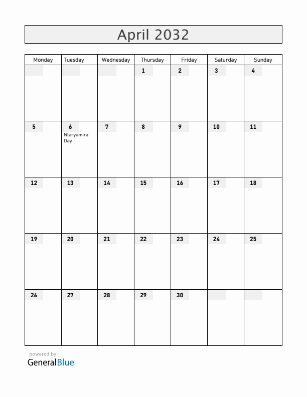 Burundi April 2032 Calendar with Holidays