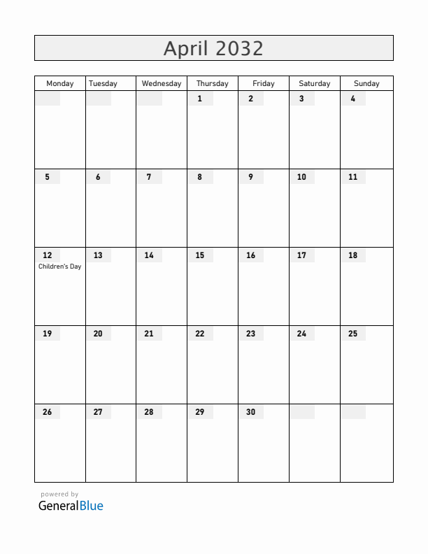 Bolivia April 2032 Calendar with Holidays