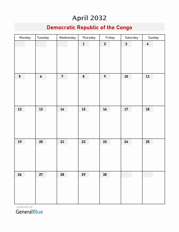 Democratic Republic of the Congo April 2032 Calendar with Holidays