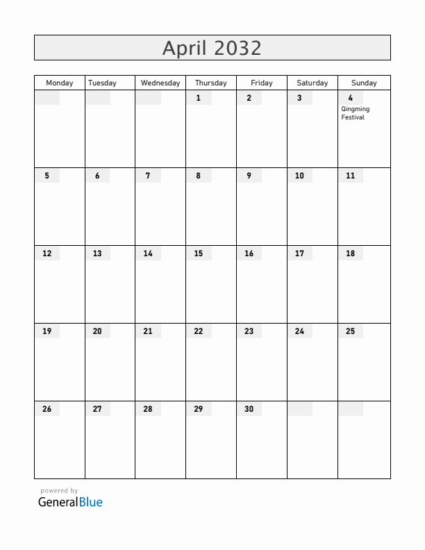 China April 2032 Calendar with Holidays