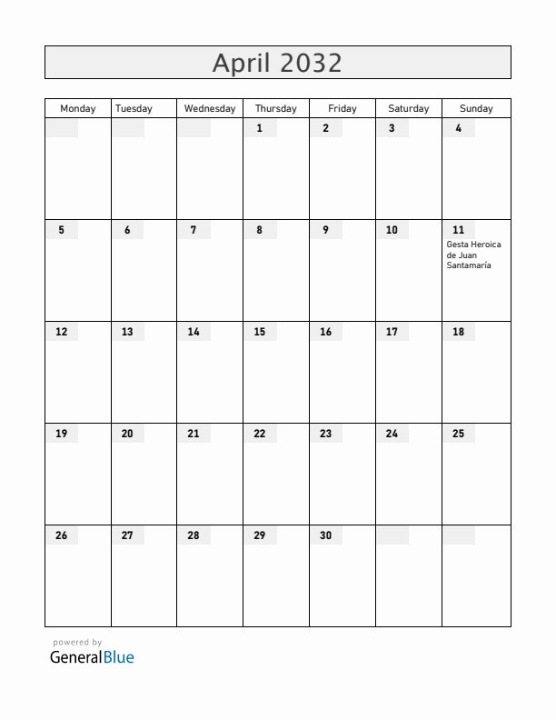 Costa Rica April 2032 Calendar with Holidays