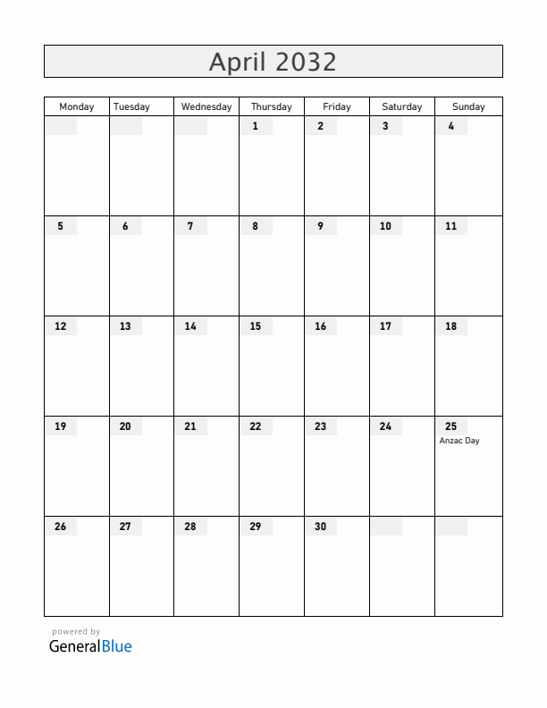 Christmas Island April 2032 Calendar with Holidays