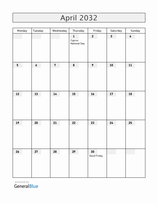 Cyprus April 2032 Calendar with Holidays