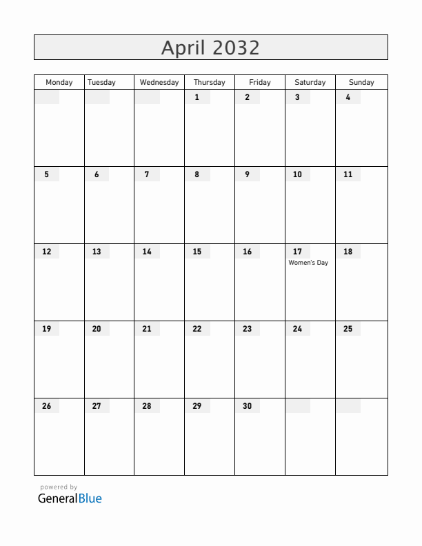 Gabon April 2032 Calendar with Holidays