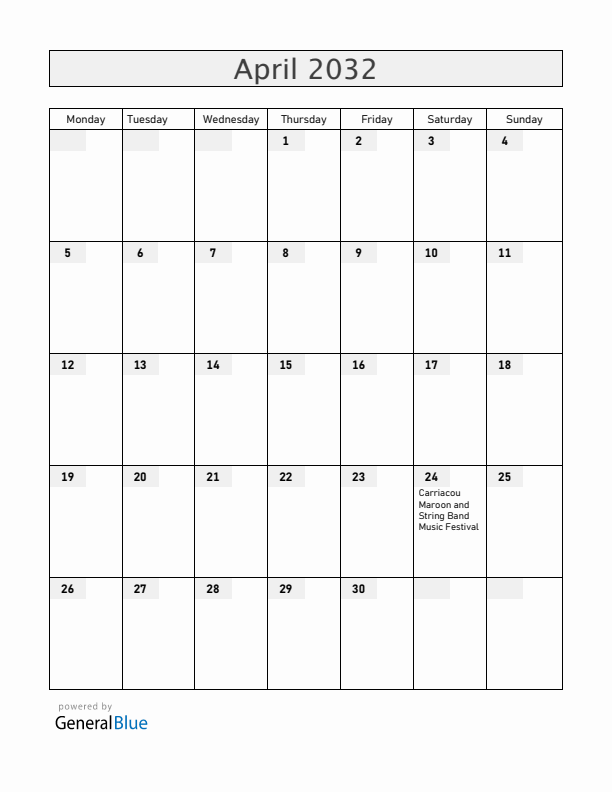 Grenada April 2032 Calendar with Holidays