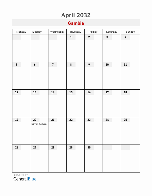 Gambia April 2032 Calendar with Holidays