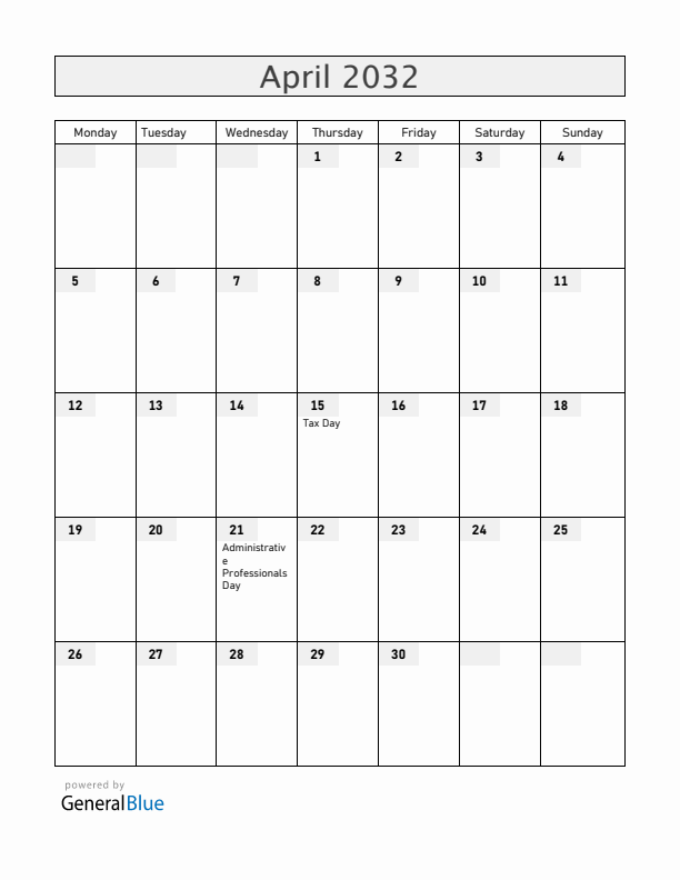 Guam April 2032 Calendar with Holidays