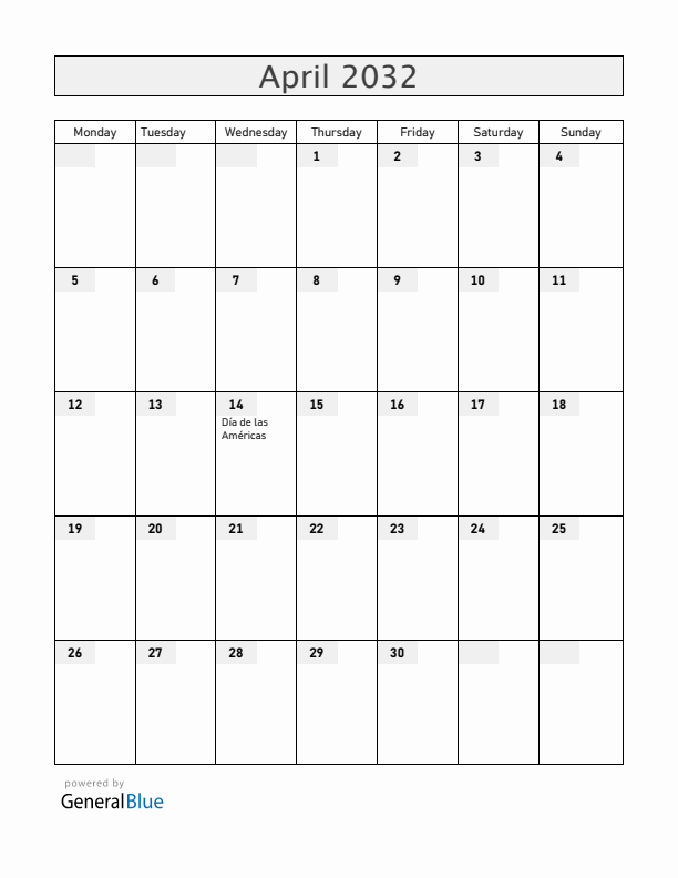 Honduras April 2032 Calendar with Holidays