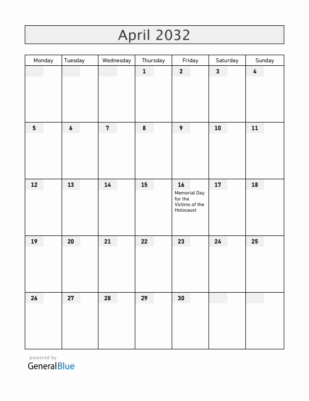 Hungary April 2032 Calendar with Holidays
