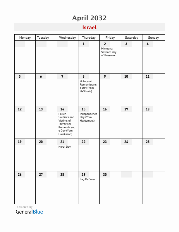 Israel April 2032 Calendar with Holidays